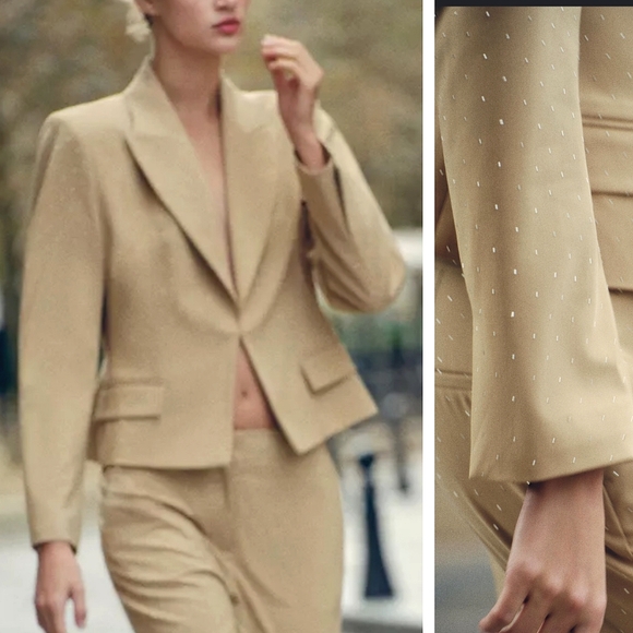 New Zara embellished rhinestone semi dropped blazer beige tan neutral sparkle - Picture 11 of 15